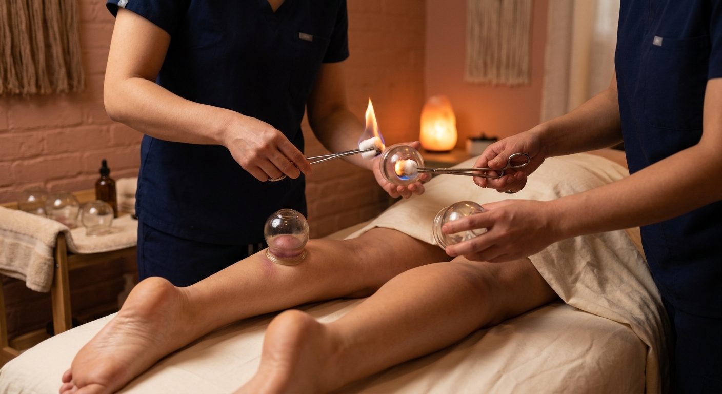 Dimostrazione pratica di coppettazione con fiamma sulle gambe