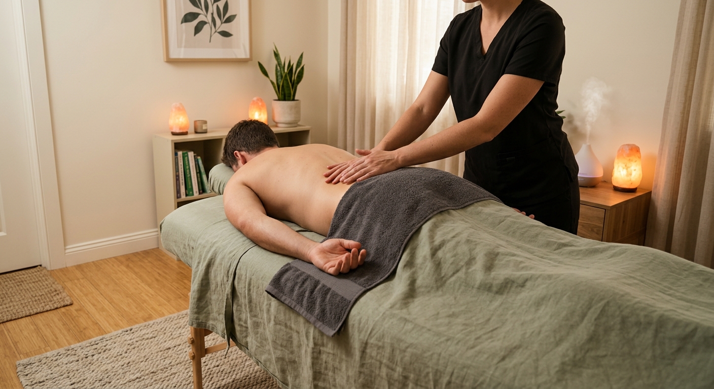 Pratica di massaggio: donna che massaggia un uomo svestito senza oli con luci calde